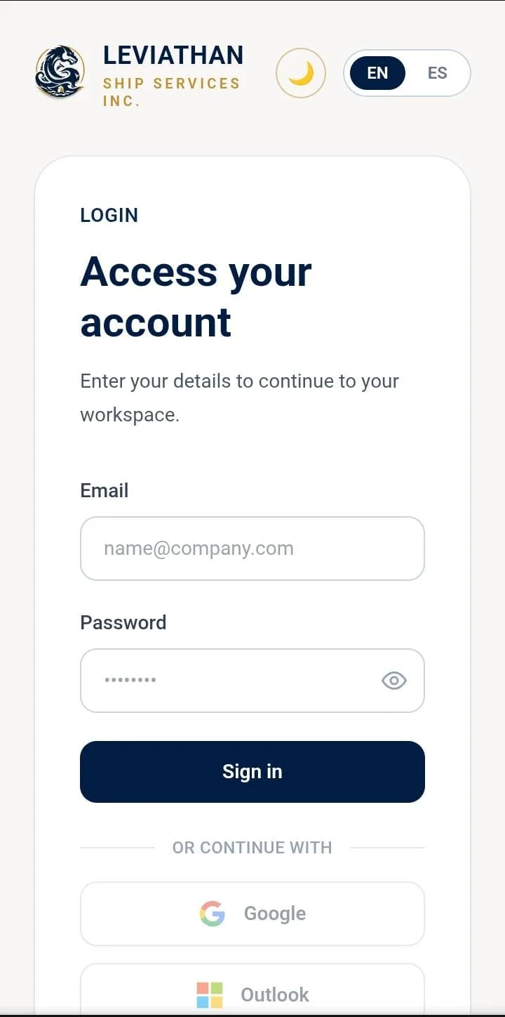 Leviathan client app login and access screen