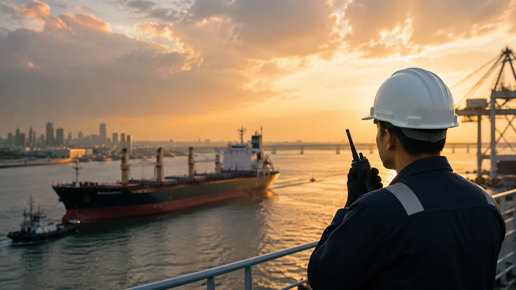 Maritime support coordination in Panama at sunset