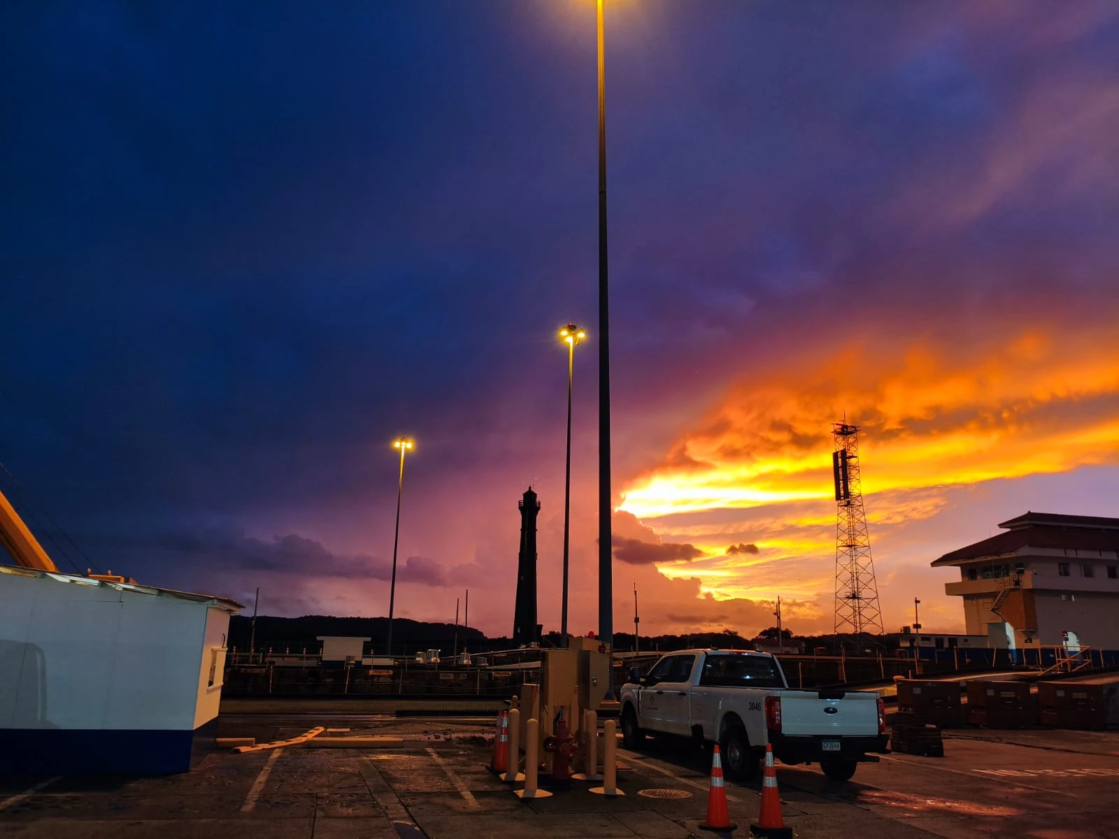 Panama Canal vessel operations at sunset