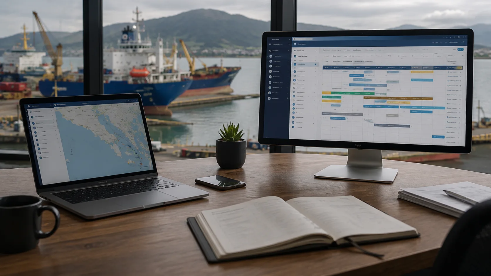 Maritime operations desk with digital coordination tools